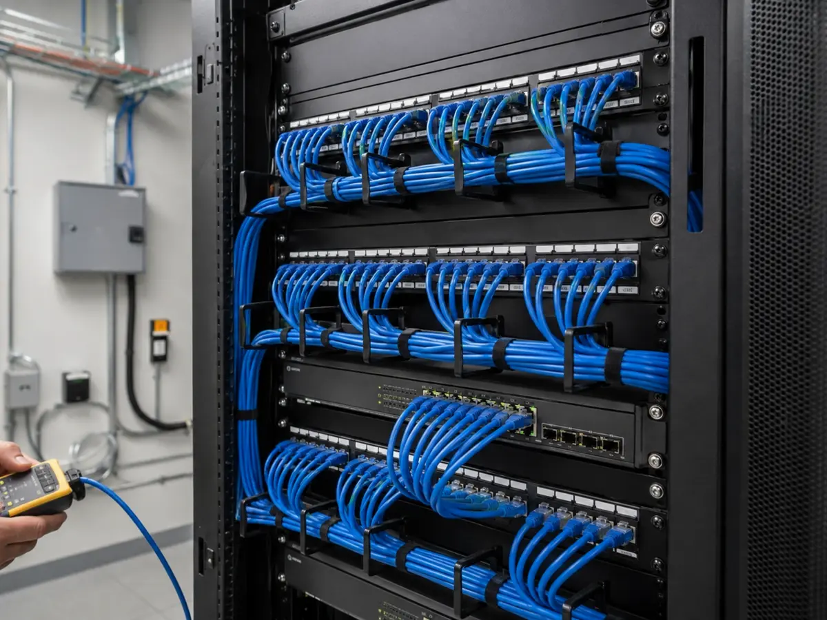Técnico verificando un rack de cableado estructurado